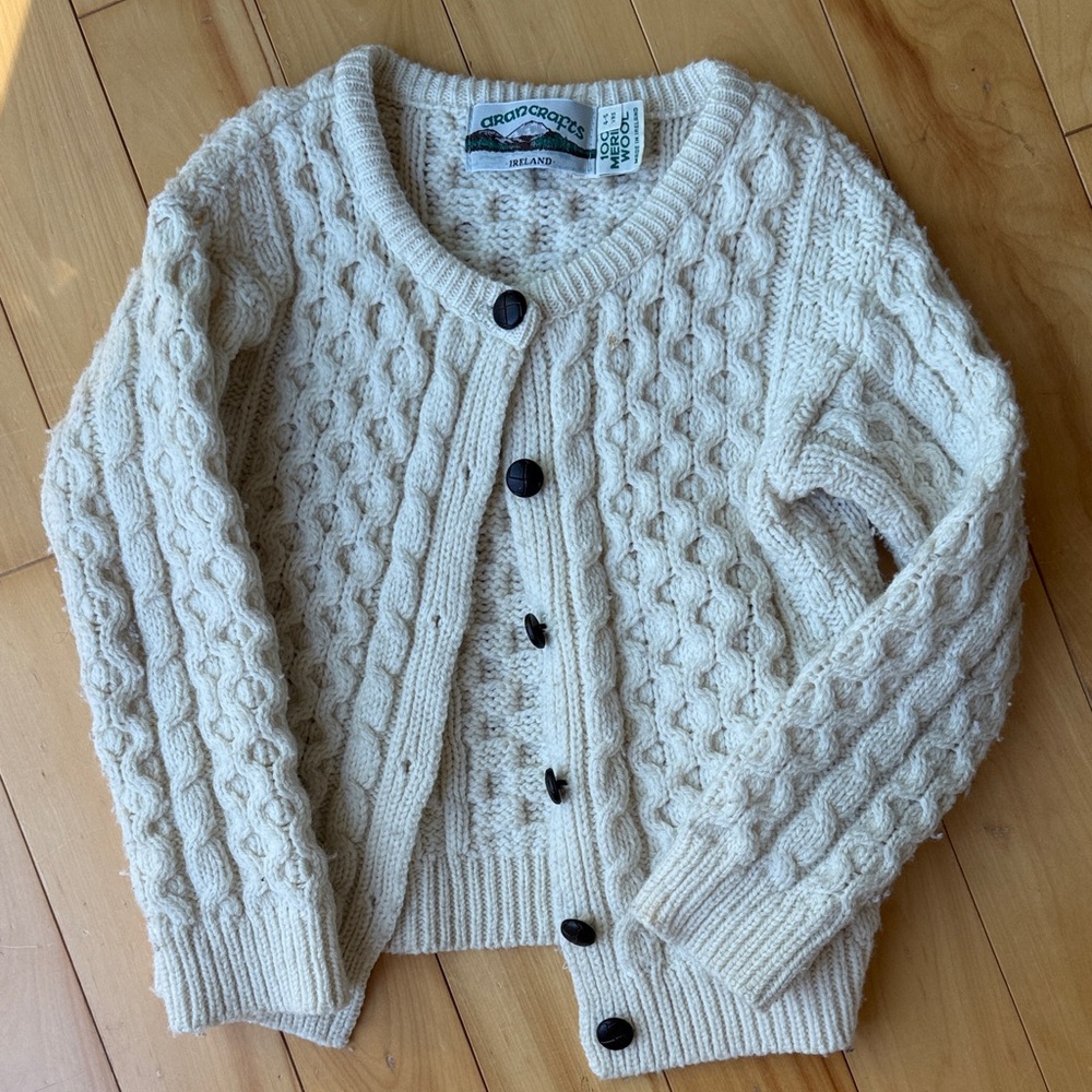 Cream Cable Knit Irish Wool Cardigan unisex kids size 4-5